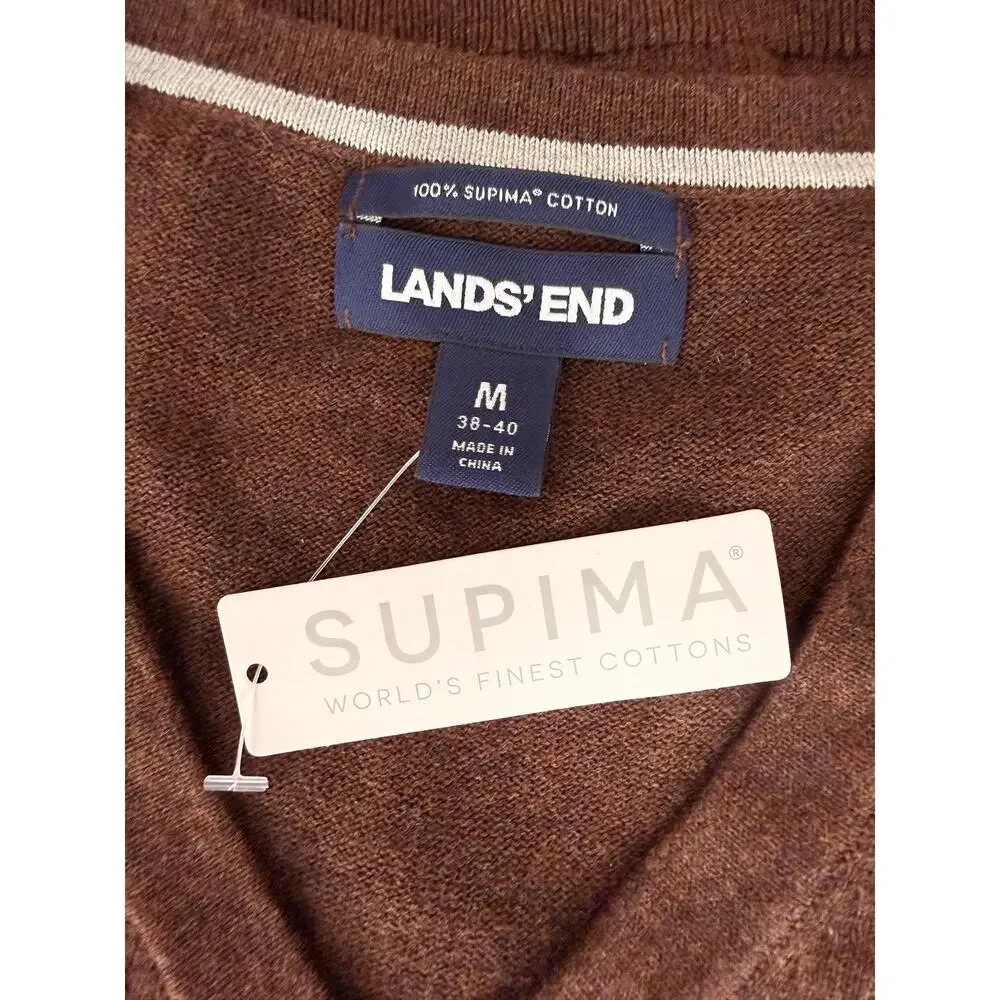 Lands End Mens Brown V-Neck Sweater Supima Cotton Retro Preppy Grunge Knit Top M